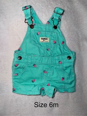 OshKosh B'gosh Turquoise Shortall with Pink Strawberry Embroidery